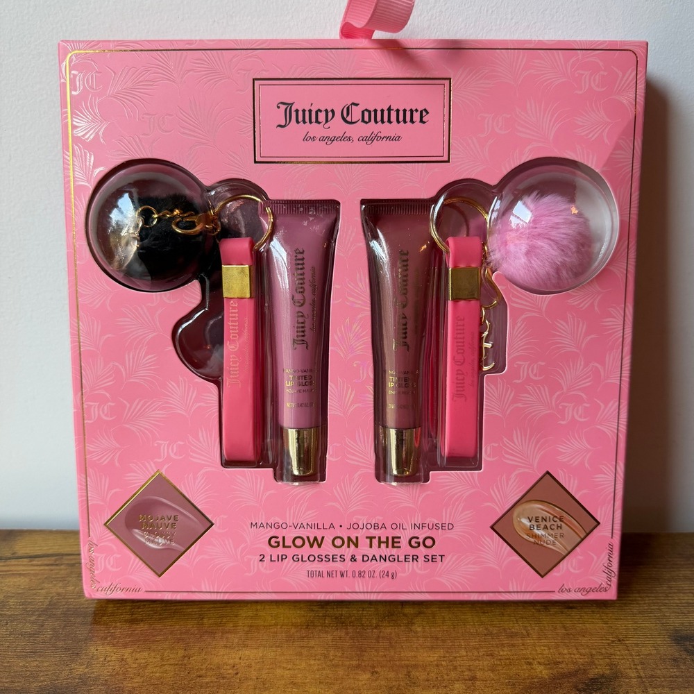 New Juicy Couture 2 Pck Lip Gloss Keychain Makeup Cosmetic Mango Vanilla Jojoba